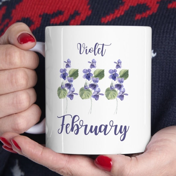 Birth Flower February Violet Ceramic Mug, Pretty Flower Mug Gift for Mom, Born in February Coffee Mug for Grandma, Colorful Tea Cup Gift
