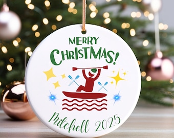 Personalized Rowing Ceramic Ornament, Custom Name Round Christmas Decoration, Row Coach Gift for Coxswain, Xmas Tree Customized Water Sport