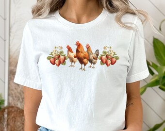 Farm Chickens and Strawberries T-Shirt Gift for Farmers, Country Style Shirt Gift for Mom, Cottage TShirt, Shirt for Grandma, Gardener Tee