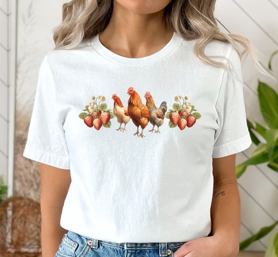 Farm Chickens and Strawberries T-Shirt Gift for Farmers, Country Style Shirt Gift for Mom, Cottage TShirt, Shirt for Grandma, Gardener Tee