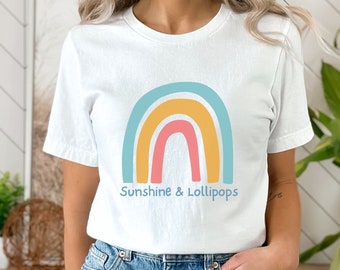 Sunshine & Lollipops T-shirt cadeau voor moeder, gelukkig persoon T-shirt, regenboogshirt, kleurrijk helder T-shirt, cadeau voor tieners, Moederdag-T-shirt