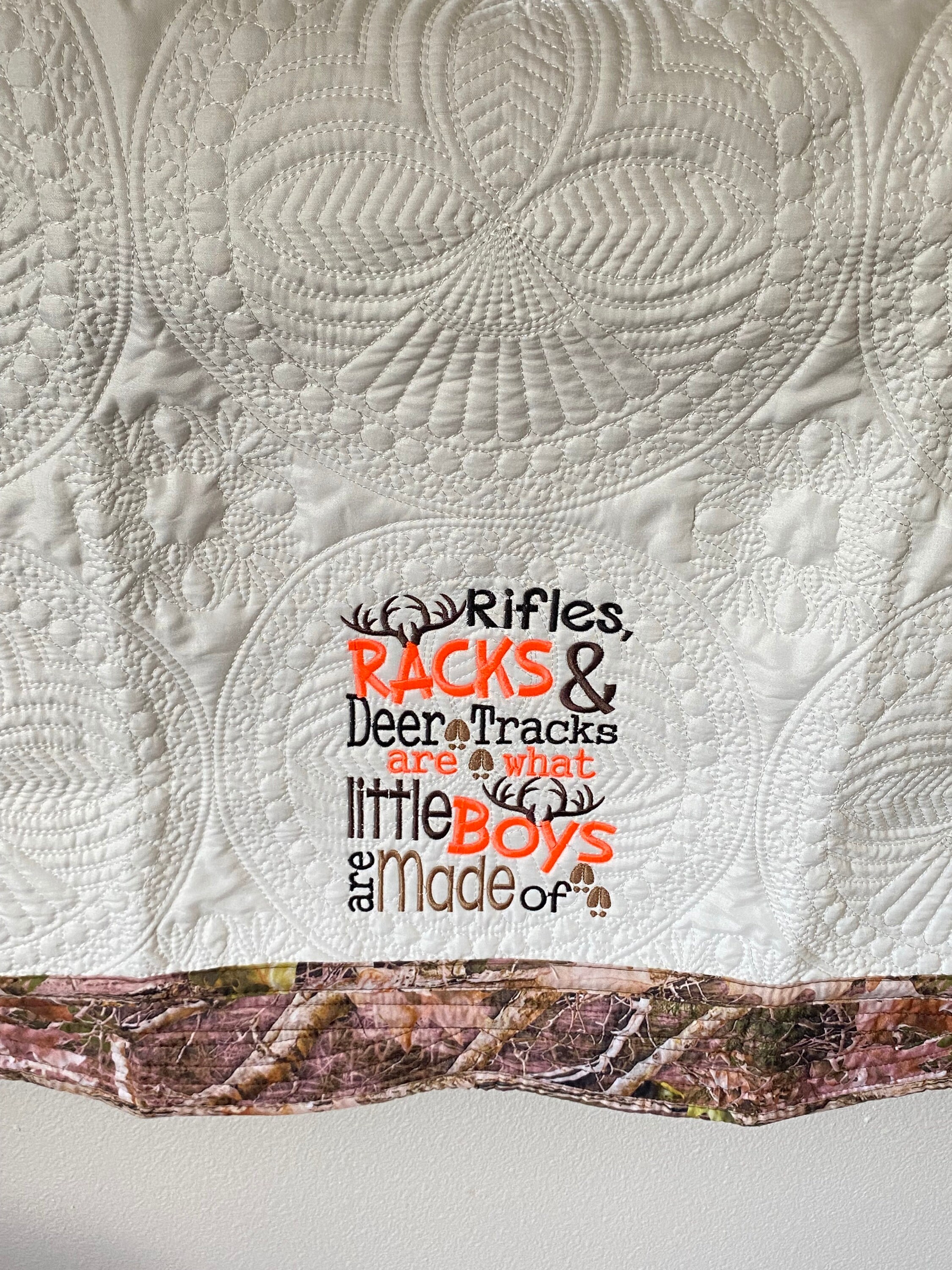 Hunting Theme Baby Quilt, Rifles and Racks Cute Phrase Embroidered on