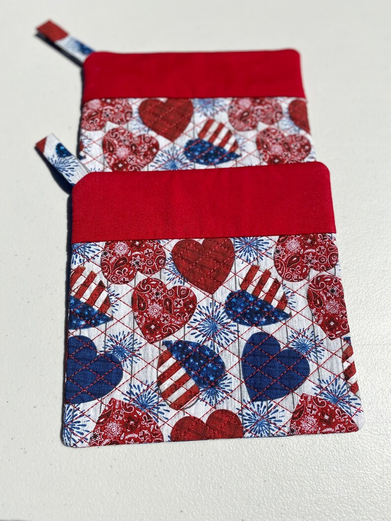 Red, White, Blue Hearts Hanging Kitchen Towels and Matching Potholders