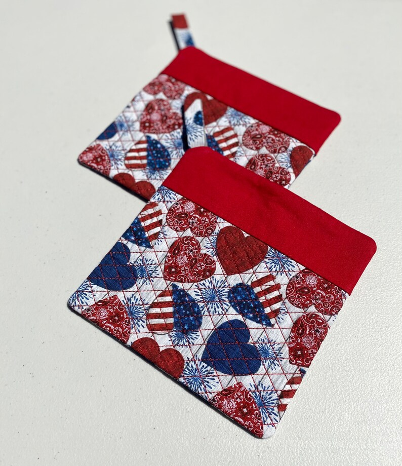 Red, White, Blue Hearts Hanging Kitchen Towels and Matching Potholders