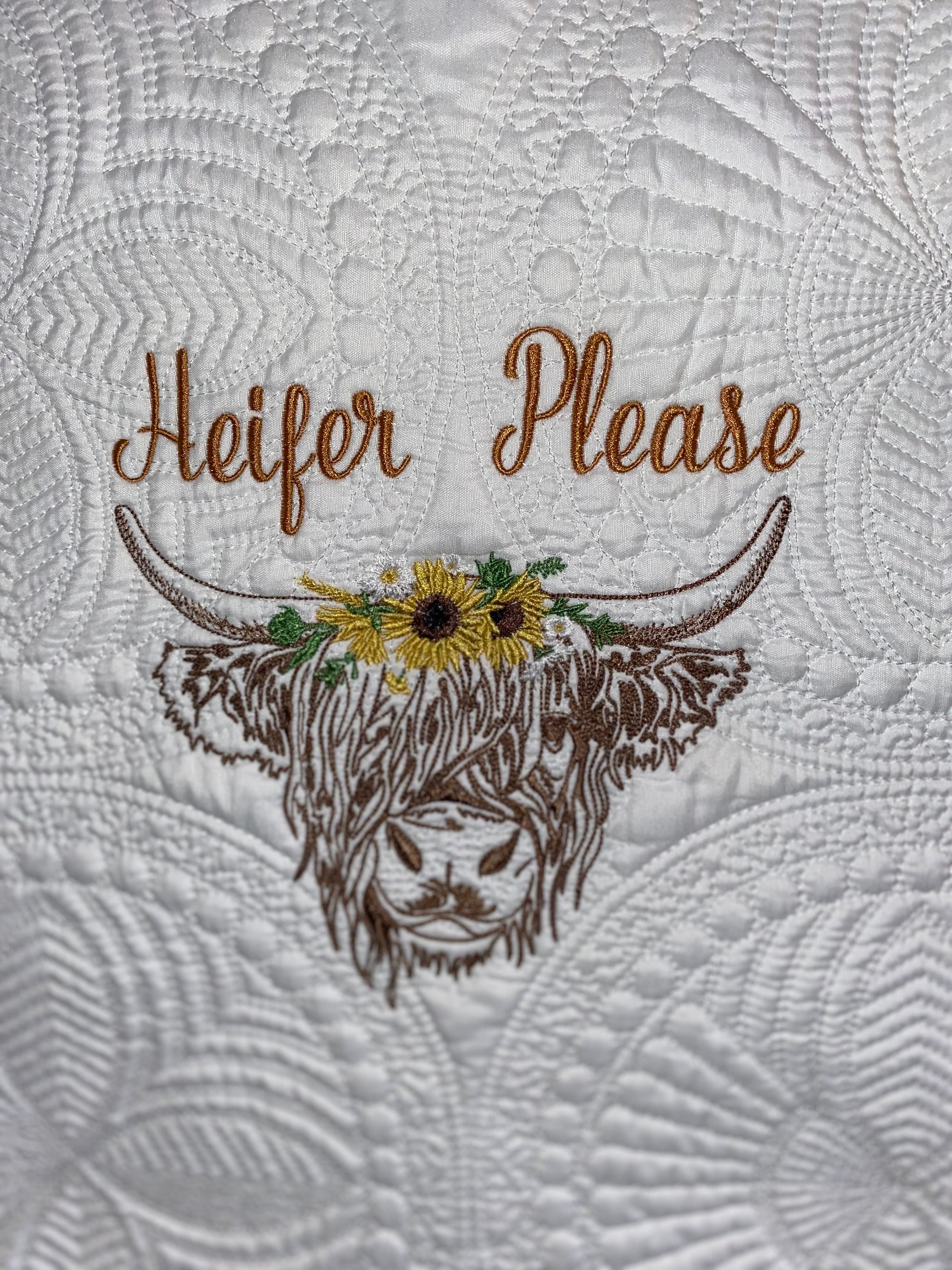 Heifer Please, Highland Cow, Embroidery on White Quilt, 100 % Cotton