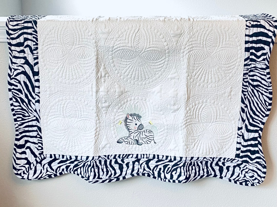 Cute Zebra Embroidered on Baby Quilt, 100 Cotton, 36 X 46, Personalized Heirloom Keepsake