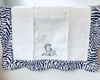 Cute  Zebra Embroidered on Baby Quilt, 100% Cotton, 36" x 46", Personalized Heirloom Keepsake Blanket, Shower Present, Boy Gift