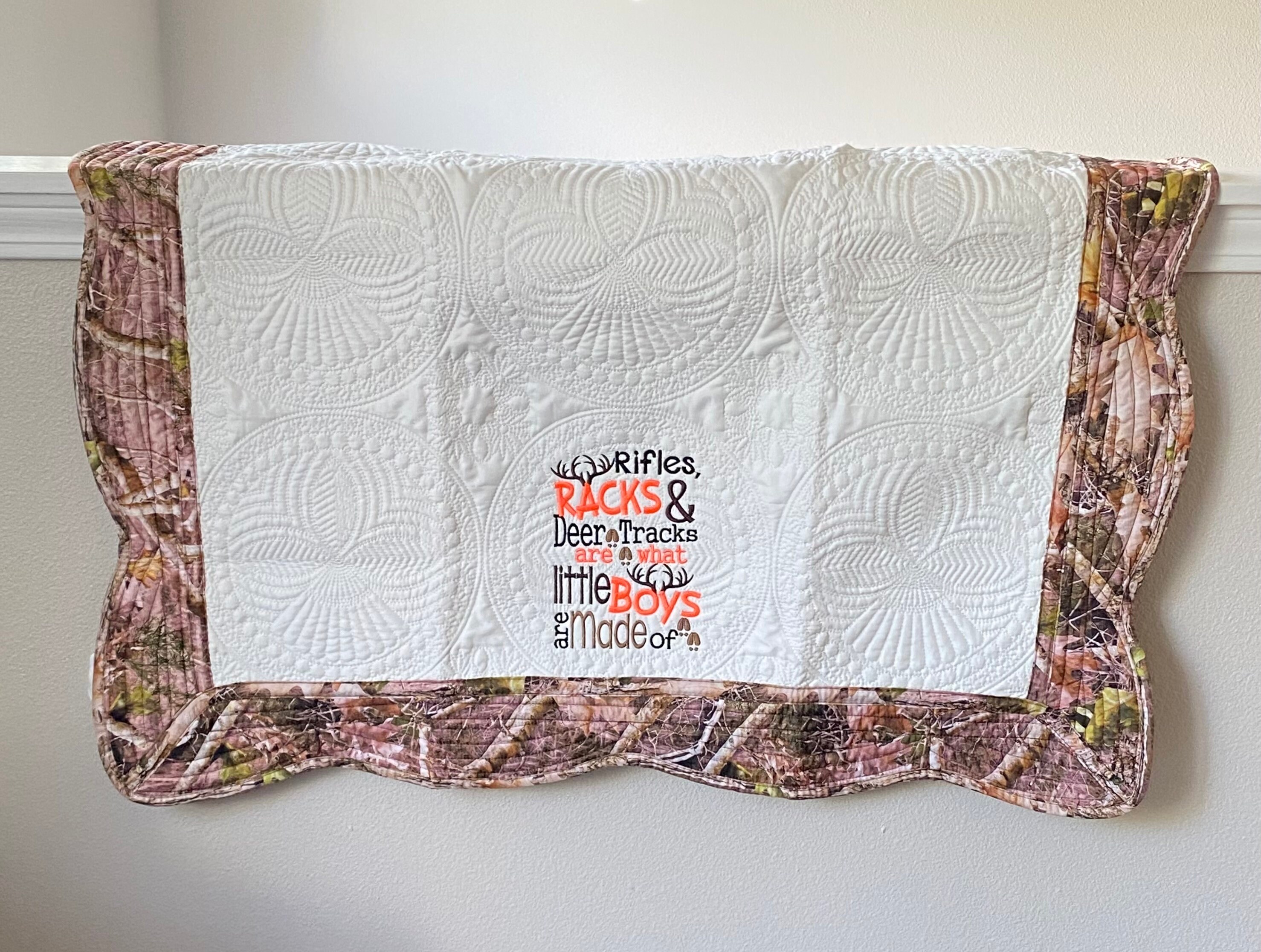 Hunting Theme Baby Quilt, Rifles and Racks Cute Phrase Embroidered on