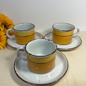 Vintage MCM 1970’s Stonehenge Midwinter Sun Pattern Set of 3 Coffee  Cups with Saucers.
