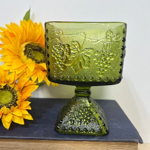 Vintage Mid-Century Modern Indiana Glass Harvest Grape Pressed Glass Pedestal Candy Dish