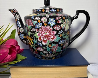 Vintage Chinese Millefleur ("Thousand Flowers") Noire Porcelain Teapot