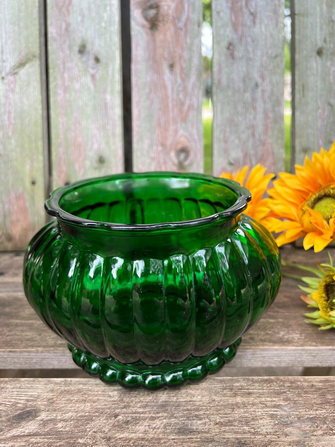 Vintage A.L.R. Co. Oval Emerald Green Ribbed Vase Etsy