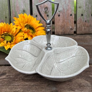Vintage Mid-Century Modern  Ceramic Cabbage Leaf Design Divided Serving Dish with Handle
