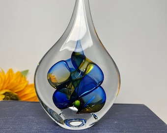 Vintage Art Glass Teardrop Shaped Paperweight with Beautiful Cobalt Blue and Gold Swirled Design on the Inside Signed by Artist