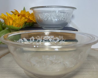 Vintage Pyrex White Lace Colonial Mist Clear Glass Nesting Mixing Bowls-1980's