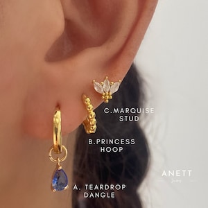 925 sterling silver gold dangle earring Set, Blue dangle earring, Tiny Gold huggie, Cubic Gold Stud, Helix Stud, Earring Set, Gift for Mum