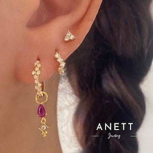 Pink Charm Gold Dangle Earrings, Dainty Gold Hoop Stud Set, 3 Pairs Earring Set, 925 Sterling Silver 18k gold plating, Gift for Her