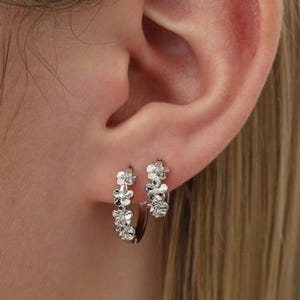 Silver Hoop Stacking Earrings, Flower Silver Hoop Earrings, Chubby Silver Hoop , Waterdrop Silver Hoop, 3 pair Silver Earrings, Gift