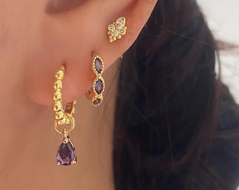 Purple Teardrop Dangle Earrings Set, 925 Sterling Silver, Gold Plated
