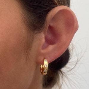 Gold Starburst Hoop Earrings, Wide Band 4mm Gold Hoops, 18k Gold Plated Earrings, Cubic Star Gold Earrings, Gift for Her, Celestial Hoops