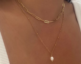 Stainless Steel Pearl Necklace, Paper Clip Necklace, Waterproof Gold Necklace, Natural Pearl Necklace, Layering Necklace, Gift for Her