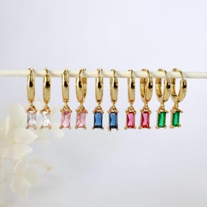 Baguette Cubic Drop Gold Earrings, Hand made Gold Hoop Earrings with colourful gemstone, Dainty 18k Gold Huggie hoops, Minimalist Earrings