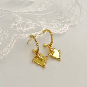 Gold Dangle Earrings, 18k gold plated Earrings, C- shape hoop with square gold charm earrings, Gift for her, Hypoallergenic, unique Earring