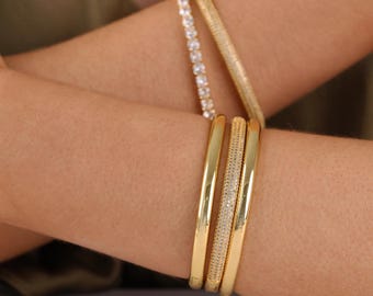 Gold Plated Bangle Bracelet Set | Plain & Pavé CZ Brass Bangles