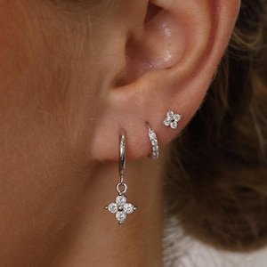 4 Clover Silver Dangle Earring Set, 925 Sterling Silver, Silver Ear Stacks, Silver Stud, Birthday Gift, 7mm Huggie Hoop, 3 Pair Earring Set