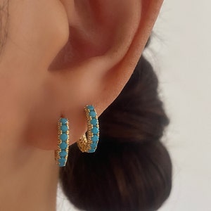 Turquoise Earrings, Turquoise Huggie Hoop, Turquoise Stud, 925 Sterling Silver 18k Gold,  Blue Earring Set, Gift for Mum, Gemstone Earrings