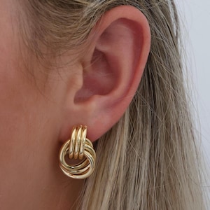 Waterproof Knot Double Gold Silver Chunky Earrings, Stainless Steel Statement Earrings, Tarnish Free Earrings, Gold Silver big Earring, Gift