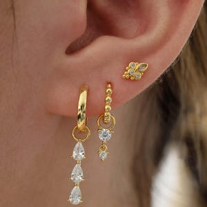 3 Pair Gold Earring Stacks, Cubic drop Earrings, 925 Sterling Silver Earrings, 3 Teardrop Sparkle Earrings, Earring Gift Set, Ear Stack Set