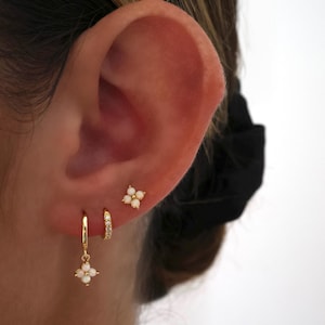 4 Clover Opal Gold Dangle Earring Set, Opal Earring, 925 Sterling Silver, Gold Ear Stacks, Gift, 7mm Huggie Hoop, 3 Pair Earring Set