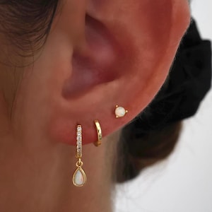 Dainty Opal Dangle Earring Set, 925 Sterling Silver 18k Gold plated, Gold Ear Stacks, Opal Stud, Birthday Gift, Gift for Mum, 3 Pair Set