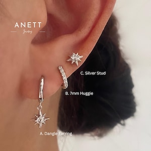 Silver Star Dainty Dangle Earrings, Celestial Minimalist Earrings, North Star Dangly Hoop Earrings, Silver Earrings, Gift, Everyday Earrings