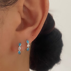 Turquoise Silver Huggie Hoop Earring, 925 Sterling Silver, Silver Blue stone Hoop, Gift for Mum, Gift for Her, Everyday Earrings, Minimalist