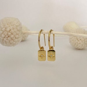 Gold Square Dangle Earrings, 18k gold plated C Hoop Earrings, Square Star Charm Cubic Dangle Earrings, Everyday Earrings, Gift for her