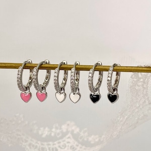 Silver Love heart Huggies Dangle Earring, Silver Earrings, Dainty Pink White Black Charm, Minimalist Earrings, Earring Gift Set