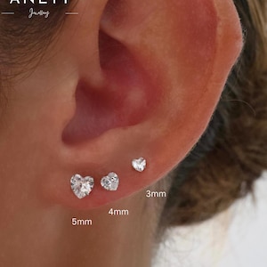 Love Heart Stud Earrings, 925 Sterling Silver Gold Cubic Stud 5mm, 4mm, 3mm, Simple Stud, Helix Stud, Cartilage Stud, 18k gold plated