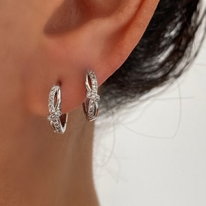 Sterling Silver Cubic Hoops, Dainty Cubic Silver Huggie Hoop Earrings, Minimalist, Sparkle Silver Hoops, White Gold Plated, Gift for her