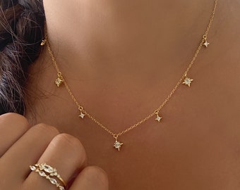 Dainty Gold Necklace, 925 Sterling Silver Gold Necklace, Star Pendant Layering Necklace, Chocker, 18K Gold Plated, Gift for Her, Minimalist