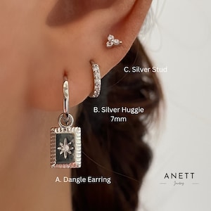 Starburst Dangle Earrings, 925 Sterling Silver white gold plated, Square Charm, Star Earrings, Celestial drop Gold, Gift for her, Minimalist