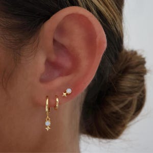 Tiny Opal Dangle Earring Set, 925 Sterling Silver 18k Gold plated, Dainty Gold Ear Stacks, Opal Stud, Birthday Gift, Gift for her, 3 Pair