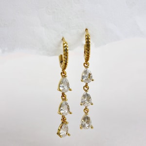 3 Teardrop Dangle Gold Earrings, Purple Green Blue Clear Cubic Stone, CZ Drop Dangle Earring Set, Gift for Her, 18k Gold plated