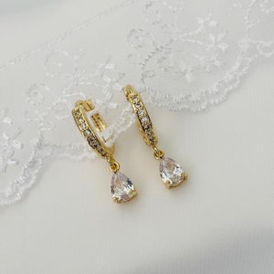 Diamond Drop Earrings, CZ Dangle Gold Earrings, Pave Huggie Hoop Dangle Earrings, Wedding Earrings, Bridal Earrings, Bridesmaid Gifts