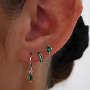 Emerald Green Silver Dangle Drop Earring Gift Set, 925 Sterling Silver, 3 Pair 2 Pair Earring Stack Set, Green Stud, Gift