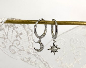 Silver Moon and Star Dangle Earring, Dainty Sterling Silver Celestial Earrings, North Star Dangly Earring, Hypoallergenic, Gift for her