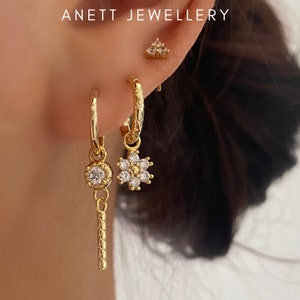Dangly Ear Stack Set, 925 Sterling Silver 18k Gold Plated, Gold Huggie Hoop, Cubic Stud Earring, Gift for her, 3 pieces Gold Earring Set