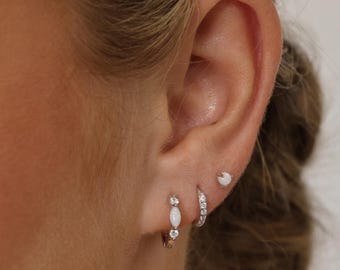 Sterling Silver Opal Huggie Hoop Earrings, Rhodium Plated, Minimalist Jewelry