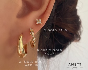 Thick Gold Hoop Earring Set, CZ Gold Hoop, Curved Chubby Teardrop Gold Hoop, 925 Sterling Silver Gold Stud, Earring Gift Set, Ear Stack Set
